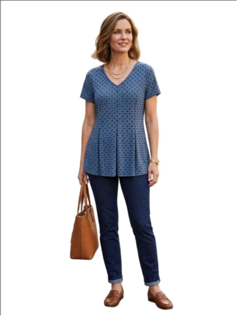 Women's ROZ & ALI Blue Navy Geometric Short Sleeve Tee L